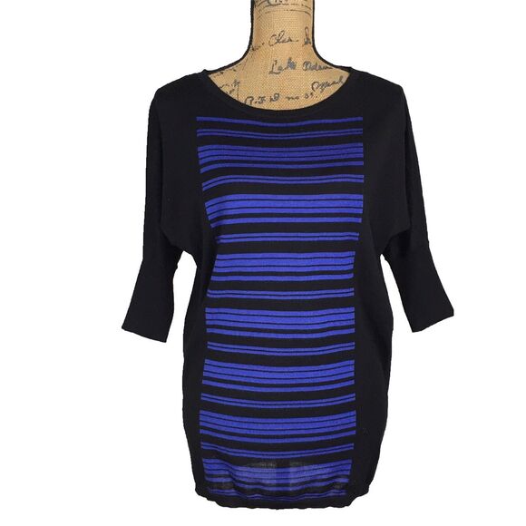 Ann Taylor Sweater XS Black Royal Blue Color Block Stripe Slouchy Wool Bl Tunic - Picture 1 of 5